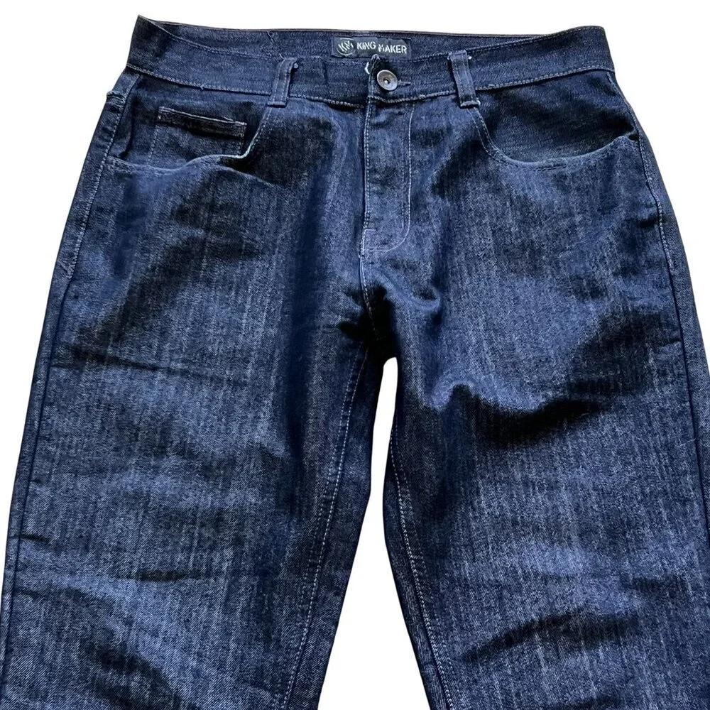 Vintage Y2K King Maker Mens 34x30 Dark Denim Jeans Embroidered Pockets Hip Hop
